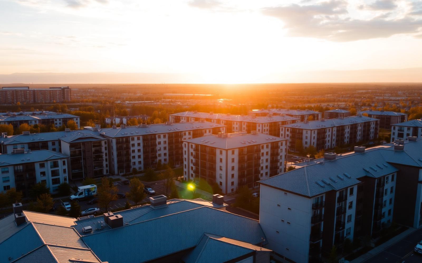Aerial view of a residential development at sunset