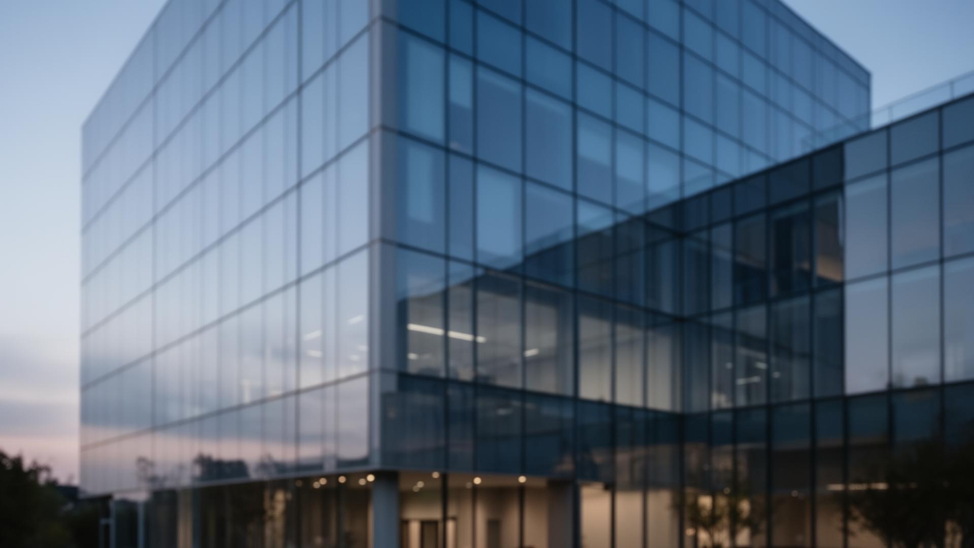 Modern glass commercial building at dusk